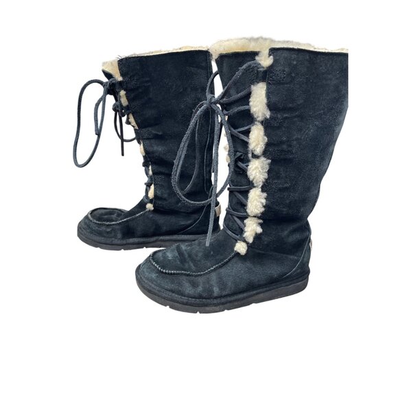 Ugg womans Black leather sheepskin lined Midcalf Winter Boots Sz 6 SKU 9533 - Picture 3 of 16